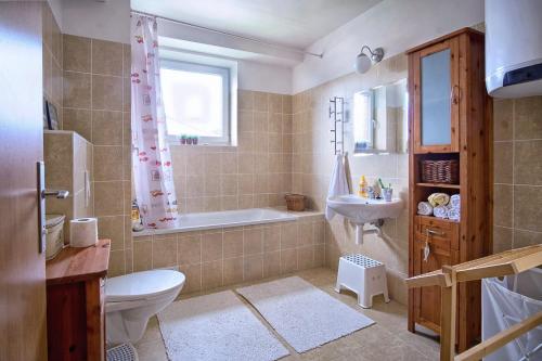 łazienka z wanną, toaletą i umywalką w obiekcie Apartmán Deštná čp.1 w mieście Deštné v Orlických horách