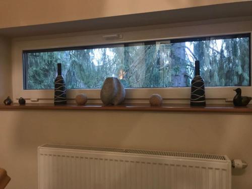 a shelf with vases and a window in a room at Leśny Dwór in Wisła