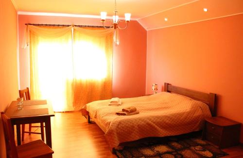 ウージュホロドにあるCafe-Motel Goryankaのベッドルーム1室(ベッド1台、窓、テーブル付)