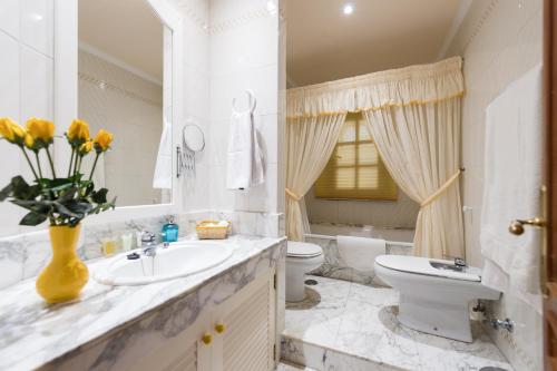 baño con lavabo, aseo y un jarrón de flores en Teresita High Views with private pool, en Santa Brígida