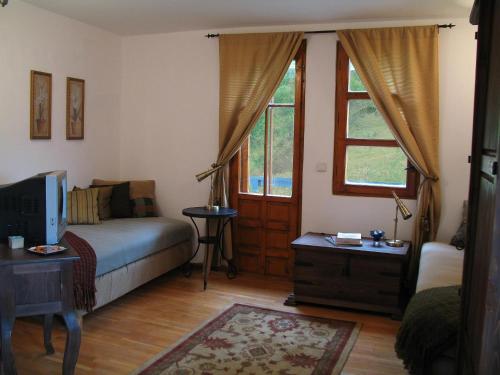 a bedroom with a bed and a tv and windows at Castle Cottage Bed & Breakfast in Belogradchik