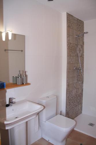 a bathroom with a toilet and a sink and a shower at Finca Soñada - Nudist Resort in Gayanes