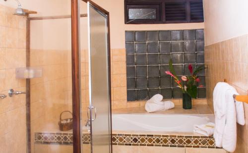 a bathroom with a shower and a bath tub at Heavenly Suites in La Feuillet
