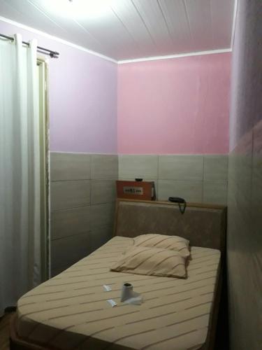サンパウロにあるHotel bom retiroのピンクの壁、ベッド1台付きのベッドルーム1室