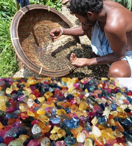 a man kneeling down next to a pile of beads at Travellers Halt in Ratnapura