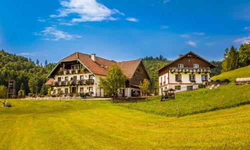 a large house on a hill with a green field at Wohlfühlbauernhof Bambichlhof in Fuschl am See
