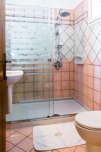 a bathroom with a shower and a toilet at Andreolas Luxury Suites in Tsilivi