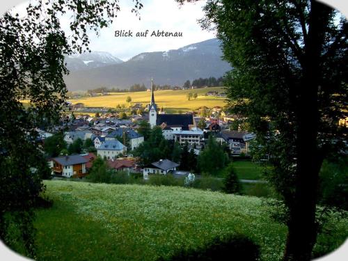 a small town with a church and a town with mountains at Apartment Dreier - Salzburger Land in Abtenau