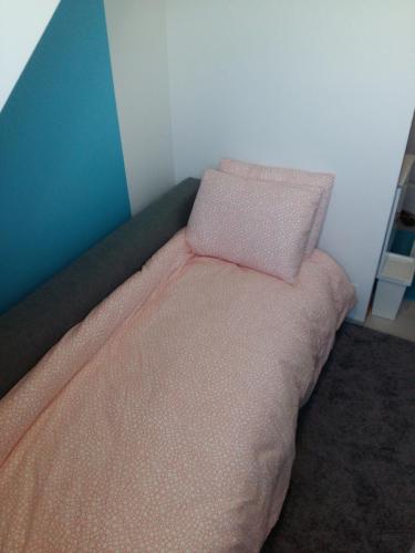 ブリュッセルにあるプライベート スタジオ ブリュッセル エアポートのピンクのシーツと枕が備わるベッド1台
