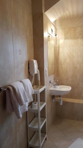uma casa de banho com um lavatório, um WC e um espelho. em Villa Del Arte Bed & Breakfast em Wadowice