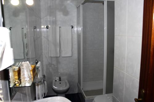 a bathroom with a shower and a toilet and a sink at Hotel Oasis in Santa Marta de Penaguião
