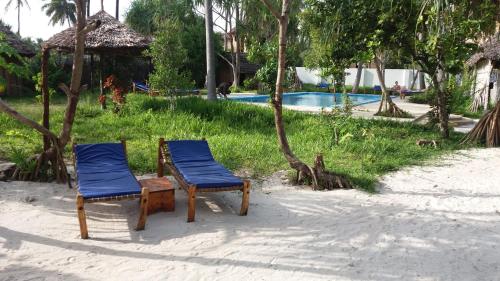 two blue chairs sitting next to a swimming pool at Laguna Palace Zanzibar in Michamvi