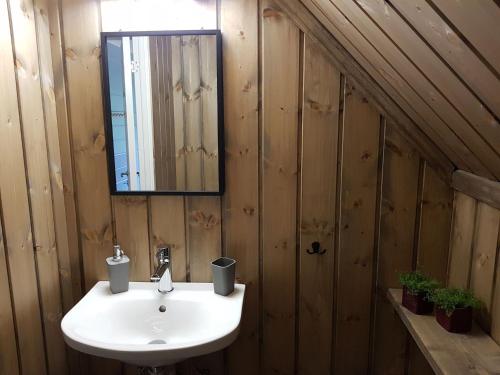 ストリンにあるCharming timber house in Stryn, Norwayのバスルーム(洗面台、鏡付)