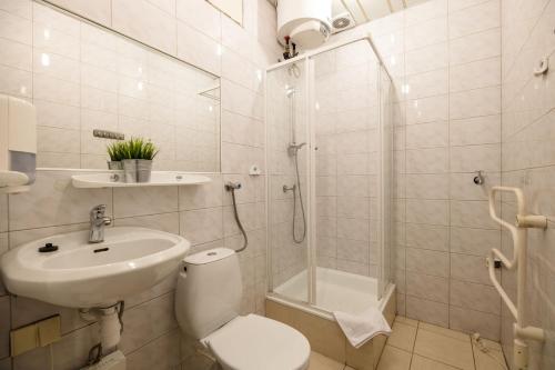 a bathroom with a toilet and a sink and a shower at Golden Lion Guest Rooms Szewska 19 in Kraków