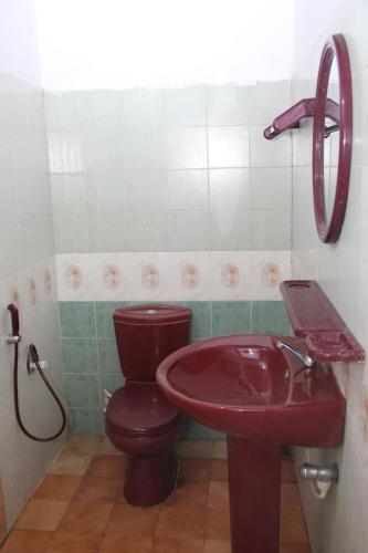 uma casa de banho com um lavatório vermelho e um WC. em Kingfisher Hostel em Anuradhapura