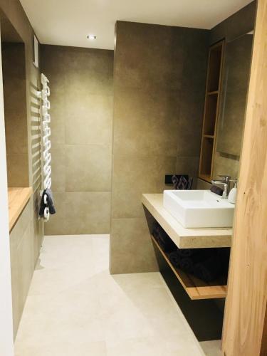 a bathroom with a sink and a mirror at Ferienwohnung Lederer in Fieberbrunn
