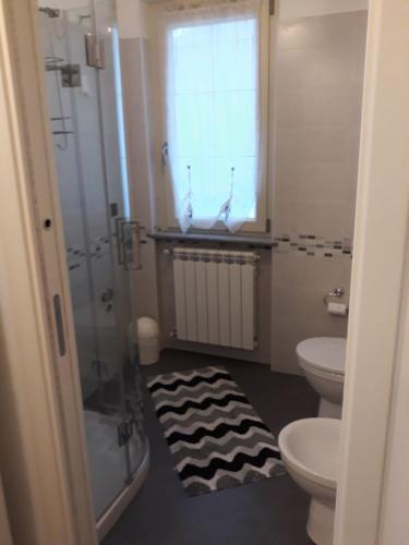 a bathroom with a shower and a toilet and a window at Zia Zelinda in Dego