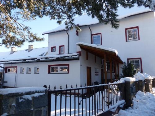 una casa coperta di neve di fronte a una recinzione di Villa Plischke a Lipová-lázně