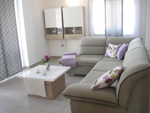 een woonkamer met een bank en een salontafel bij Ane Apartment in Loborika