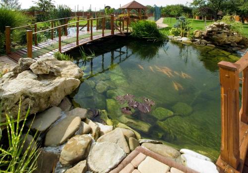 a pond with a wooden bridge and rocks at Vila Valča in Valča