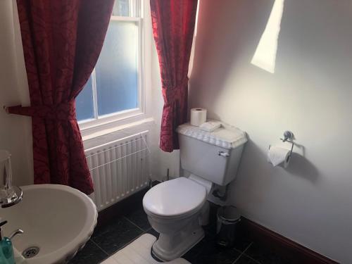 a bathroom with a toilet and a sink and a window at The Globe Inn in Gosforth