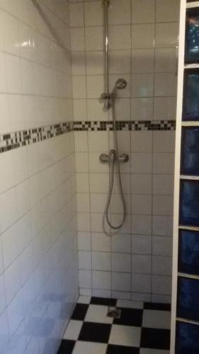 bagno con doccia e piastrelle bianche e nere di Blokhut Meerland a Oostwold