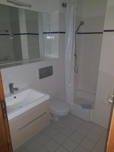 a bathroom with a sink and a toilet and a shower at Appartement-Hotel Rostock in Rostock
