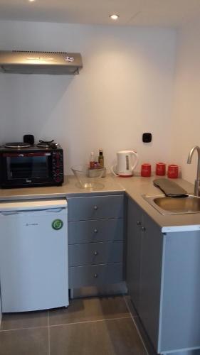 a kitchen with a sink and a microwave on a counter at Milva Apartments in Kos Town