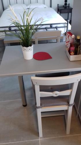 a table with a potted plant on it with a bed at Milva Apartments in Kos Town