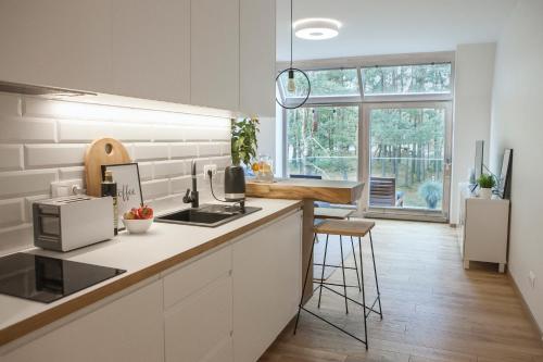 cocina con fregadero y encimera en NEW scandinavian style apartment in Nida, en Nida