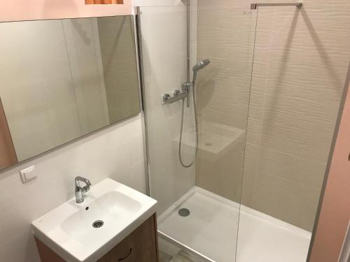 un bagno con lavandino e doccia con porta in vetro di Apartament Weyssenhoffa 9 a Bydgoszcz