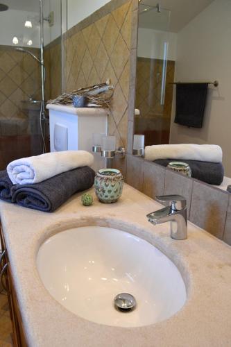 a bathroom counter with a sink and a mirror at Villa Jomi in Tar