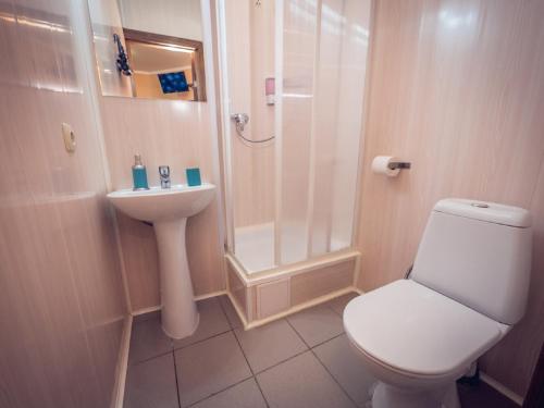 y baño con aseo, ducha y lavamanos. en Mini Hotel Kashirskiy en Moscú