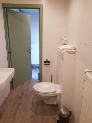 bagno bianco con servizi igienici e lavandino di Logie Rotem a Dilsen-Stokkem