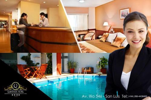 a collage of two pictures of a woman next to a pool at Quintana Hotel in San Luis
