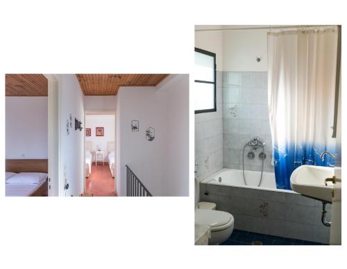 two pictures of a bathroom with a sink and a toilet at Villa Lola in Lithakia