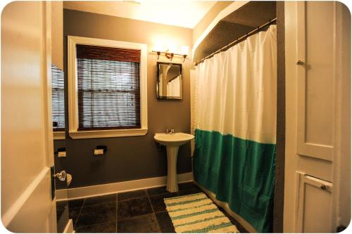 a bathroom with a sink and a shower curtain at The Coyle Cabin - Close to Downtown, Stadiums, U of H, Med Center in Houston