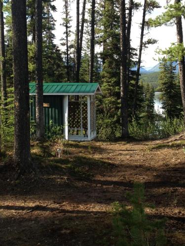 a cabin in the woods with a view of a lake at Vines and Puppies Hideaway in Jade City