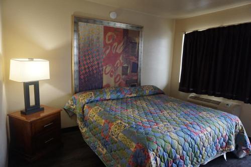 a bedroom with a bed and a lamp and a window at Econo Lodge San Antonio Northeast I-35 in San Antonio