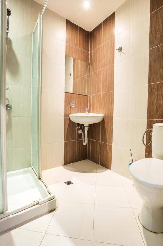 a bathroom with a shower and a sink and a toilet at Dragoman Hotel in Dragoman