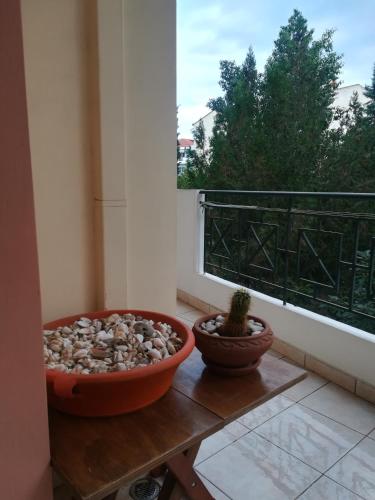 a balcony with a bowl of rocks and a cactus at Quiet spacious apartment in Nafplio in Nafplio