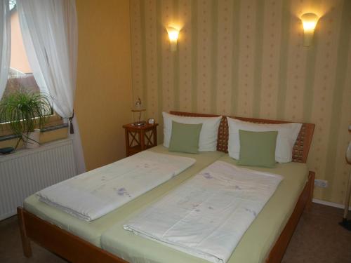 a bedroom with two beds with green and white pillows at Ferienwohnung Haus "Anna" in Bad Blankenburg