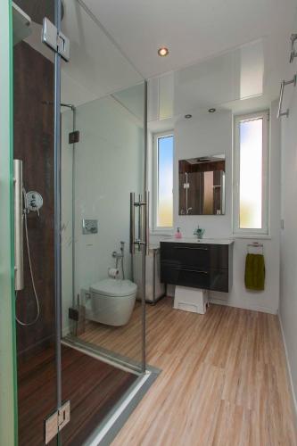 a bathroom with a shower and a toilet and a sink at Villa Capricho in Marbella