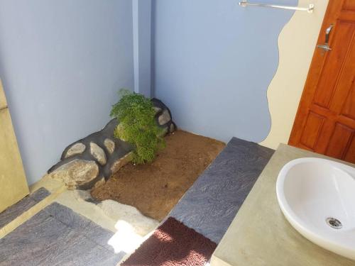a bathroom with a sink and a plant on the floor at Inn On The Bay in Pasikuda