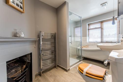 a bathroom with a fireplace and a toilet and a sink at Blake Street in York