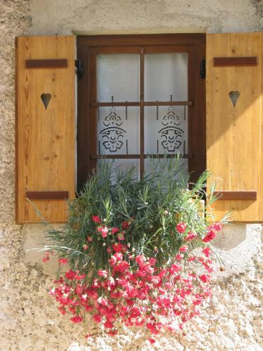 a window with a flower pot in front of a window at ETNO HOUSE GOSTECE- Suite with Finnish sauna in Mozirje