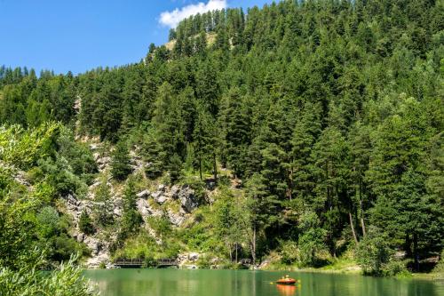 a boat on a lake in front of a mountain at VTF Le Pigneroux in Savines