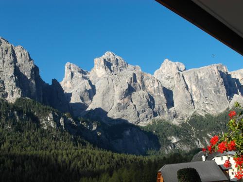 a view of the mountains from a room with flowers at Residence Bondì in Colfosco