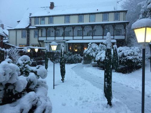a snow covered yard in front of a house at Hotel "Glück Auf " in Bad Grund
