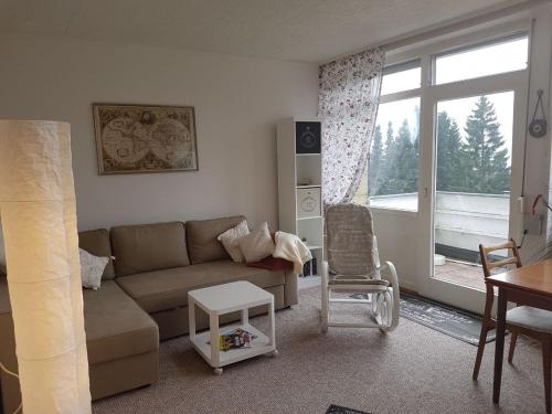 ein Wohnzimmer mit einem Sofa und einem Stuhl in der Unterkunft Weitblick in Sankt Andreasberg